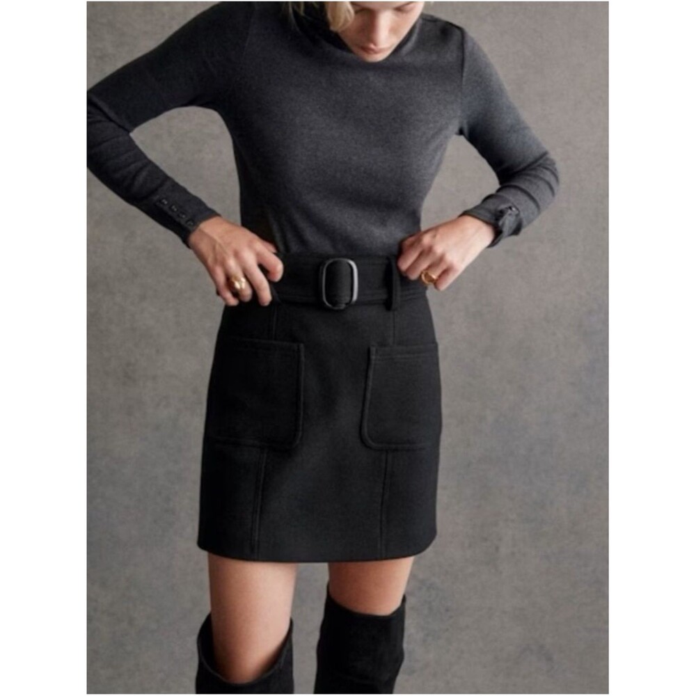 SEZANE Gillie Skirt Black Size 36 US 4 Wool Mini Button Front Belted Parisian